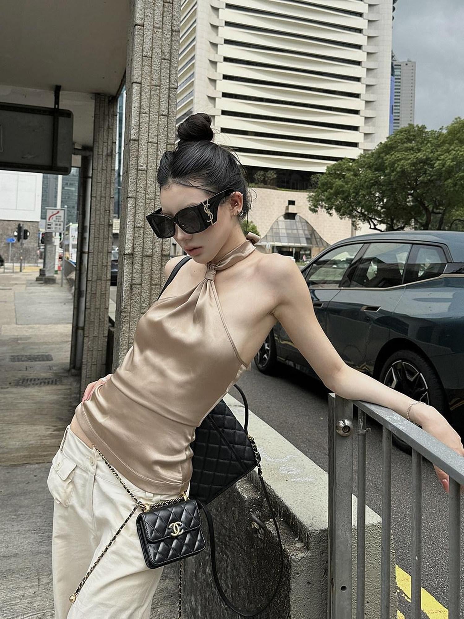 Fanptntox Khaki Knotted Tie Slim Fit Sleeveless Women's Satin Halter Tops