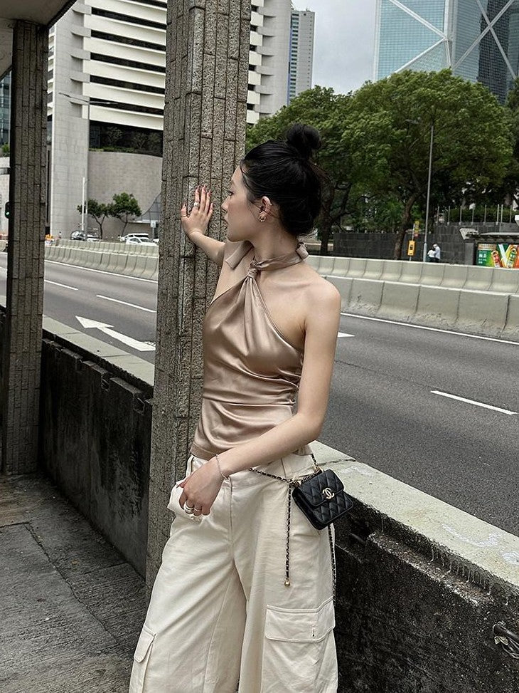 Fanptntox Khaki Knotted Tie Slim Fit Sleeveless Women's Satin Halter Tops