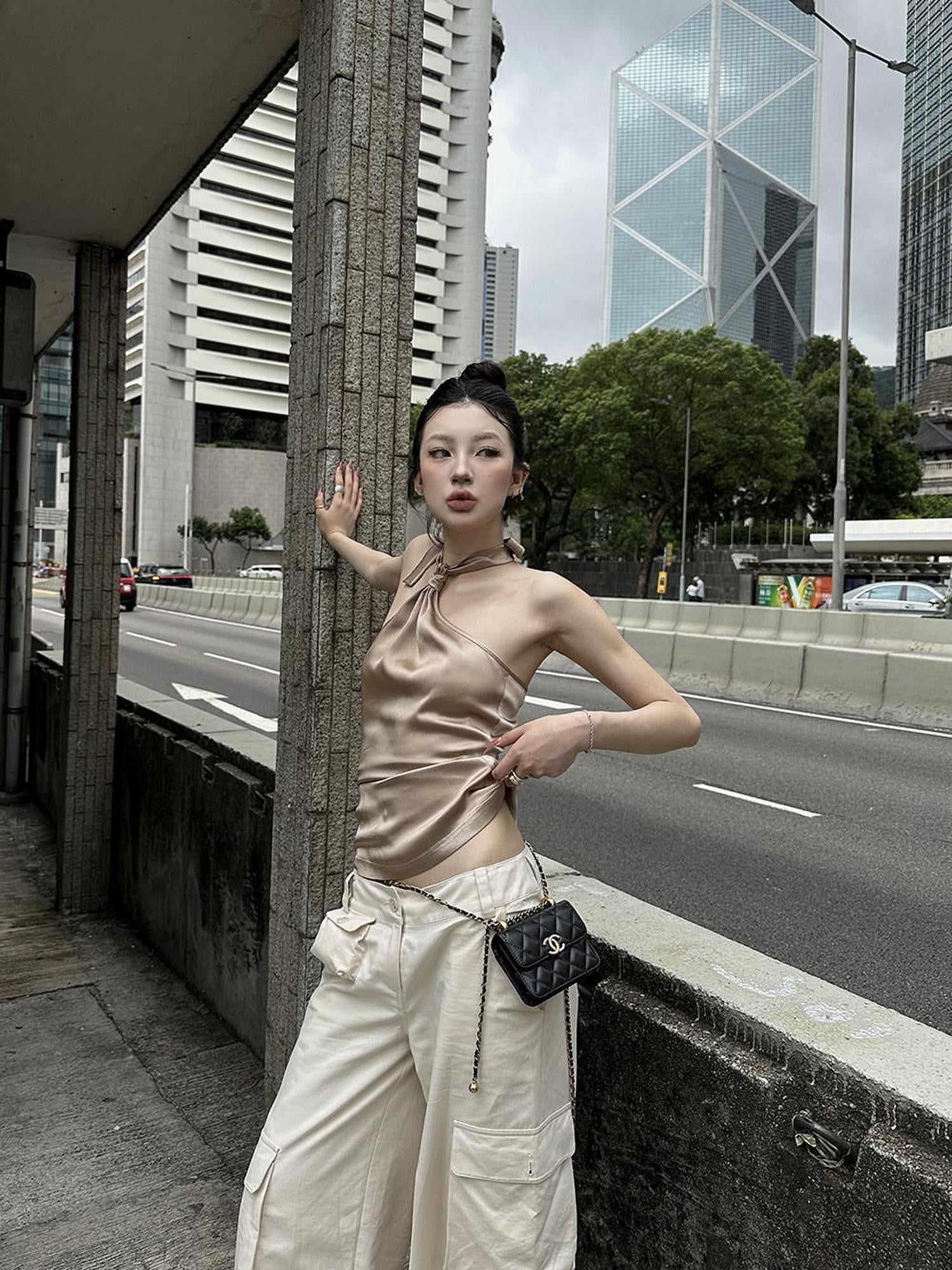 Fanptntox Khaki Knotted Tie Slim Fit Sleeveless Women's Satin Halter Tops
