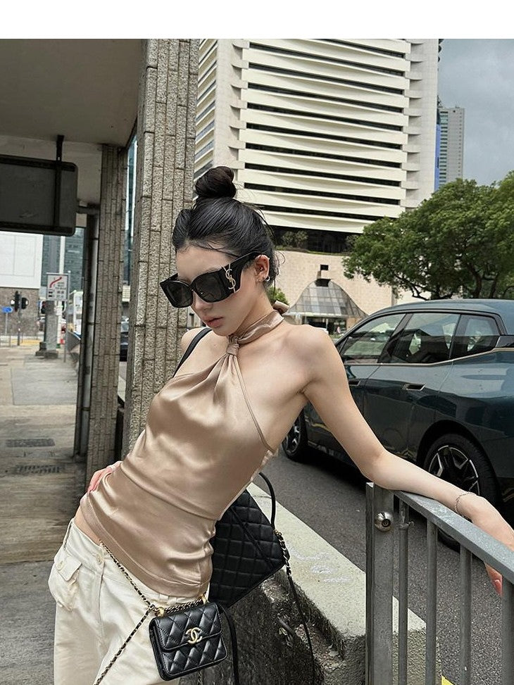 Fanptntox Khaki Knotted Tie Slim Fit Sleeveless Women's Satin Halter Tops