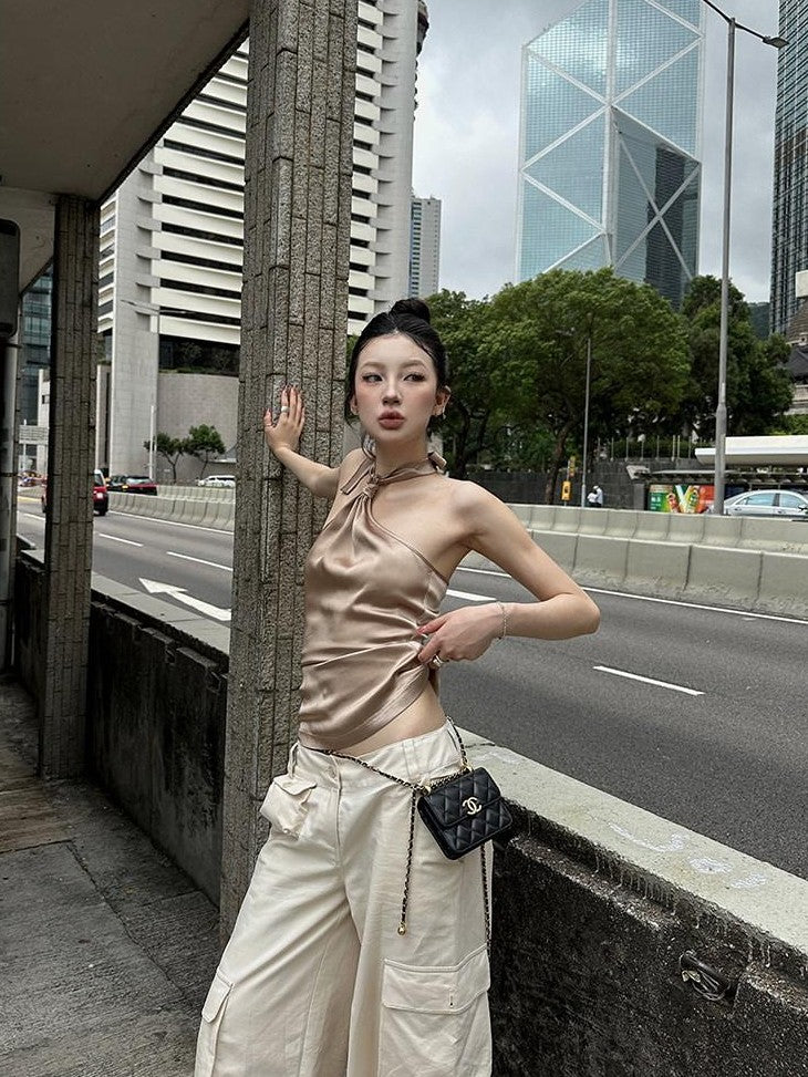 Fanptntox Khaki Knotted Tie Slim Fit Sleeveless Women's Satin Halter Tops