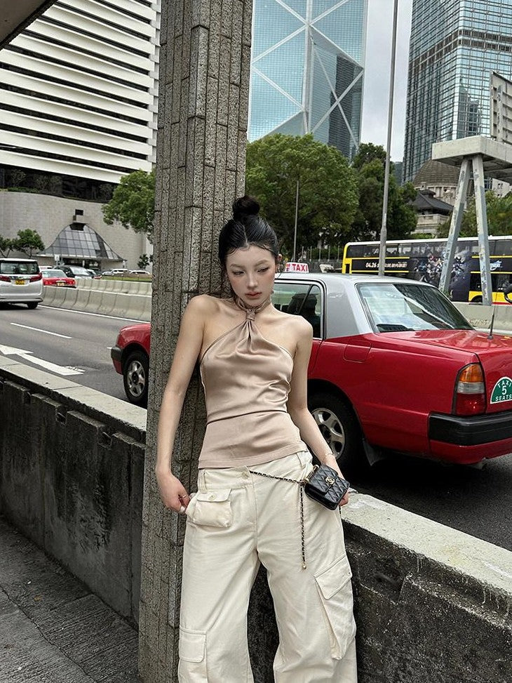 Fanptntox Khaki Knotted Tie Slim Fit Sleeveless Women's Satin Halter Tops