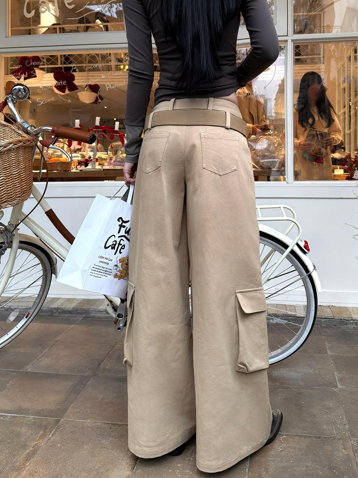 Fanptntox Khaki Low Waist Zip Fly Relaxed Wide Leg Straight Women's Cargo Pants