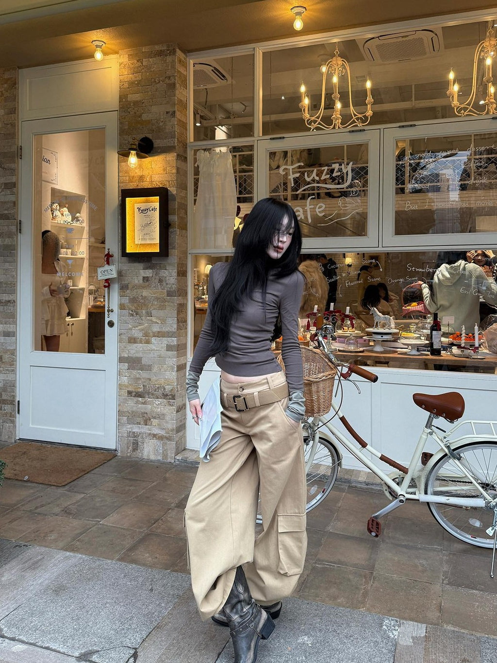 Fanptntox Khaki Low Waist Zip Fly Relaxed Wide Leg Straight Women's Cargo Pants