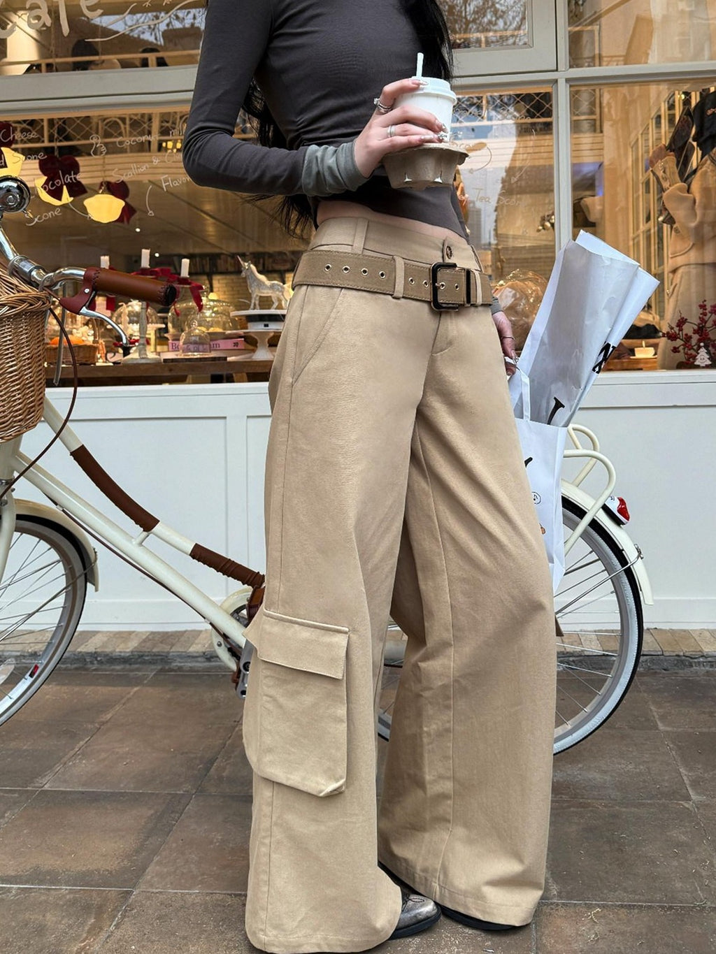 Fanptntox Khaki Low Waist Zip Fly Relaxed Wide Leg Straight Women's Cargo Pants