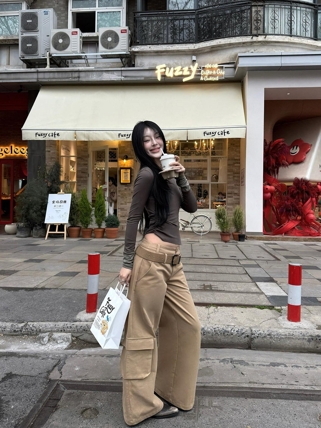 Fanptntox Khaki Low Waist Zip Fly Relaxed Wide Leg Straight Women's Cargo Pants