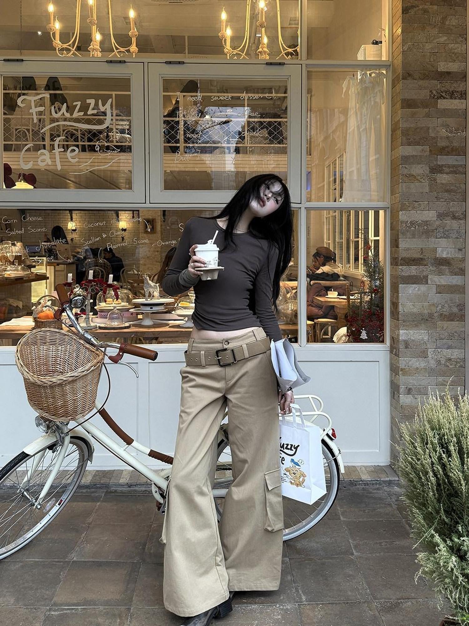 Fanptntox Khaki Low Waist Zip Fly Relaxed Wide Leg Straight Women's Cargo Pants