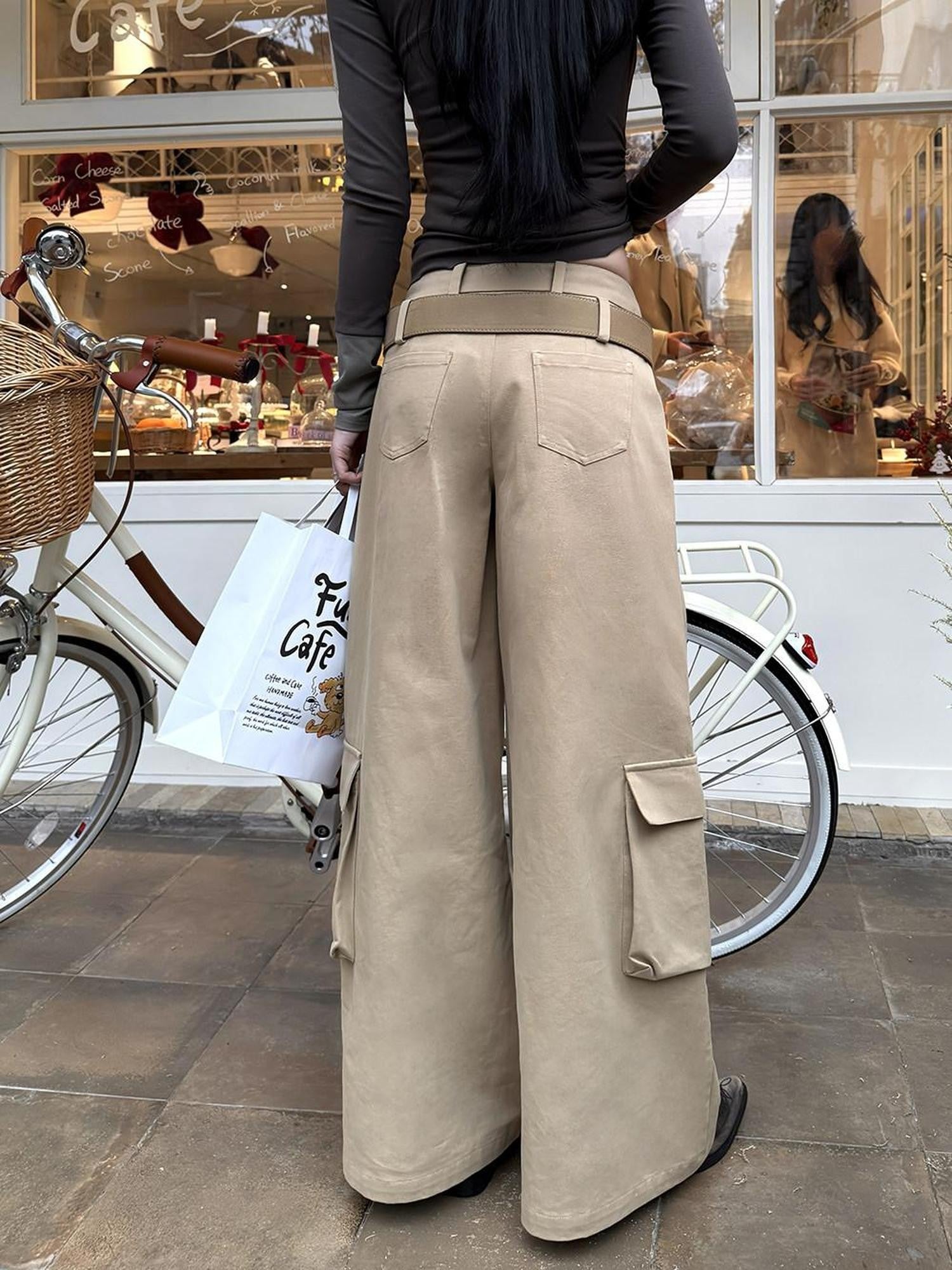 Fanptntox Khaki Low Waist Zip Fly Relaxed Wide Leg Straight Women's Cargo Pants