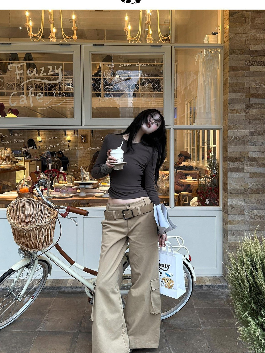 Fanptntox Khaki Low Waist Zip Fly Relaxed Wide Leg Straight Women's Cargo Pants