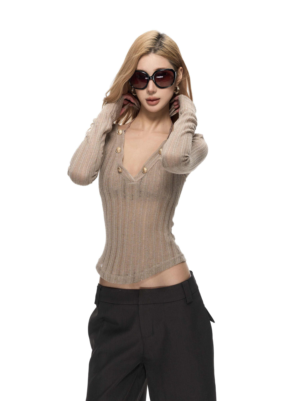 Fanptntox_Khaki_Lurex_Ribbed_Cutout_V-neck_Metal_Button_Women's_Knit_Sweaters_1008757729906_MISSTT