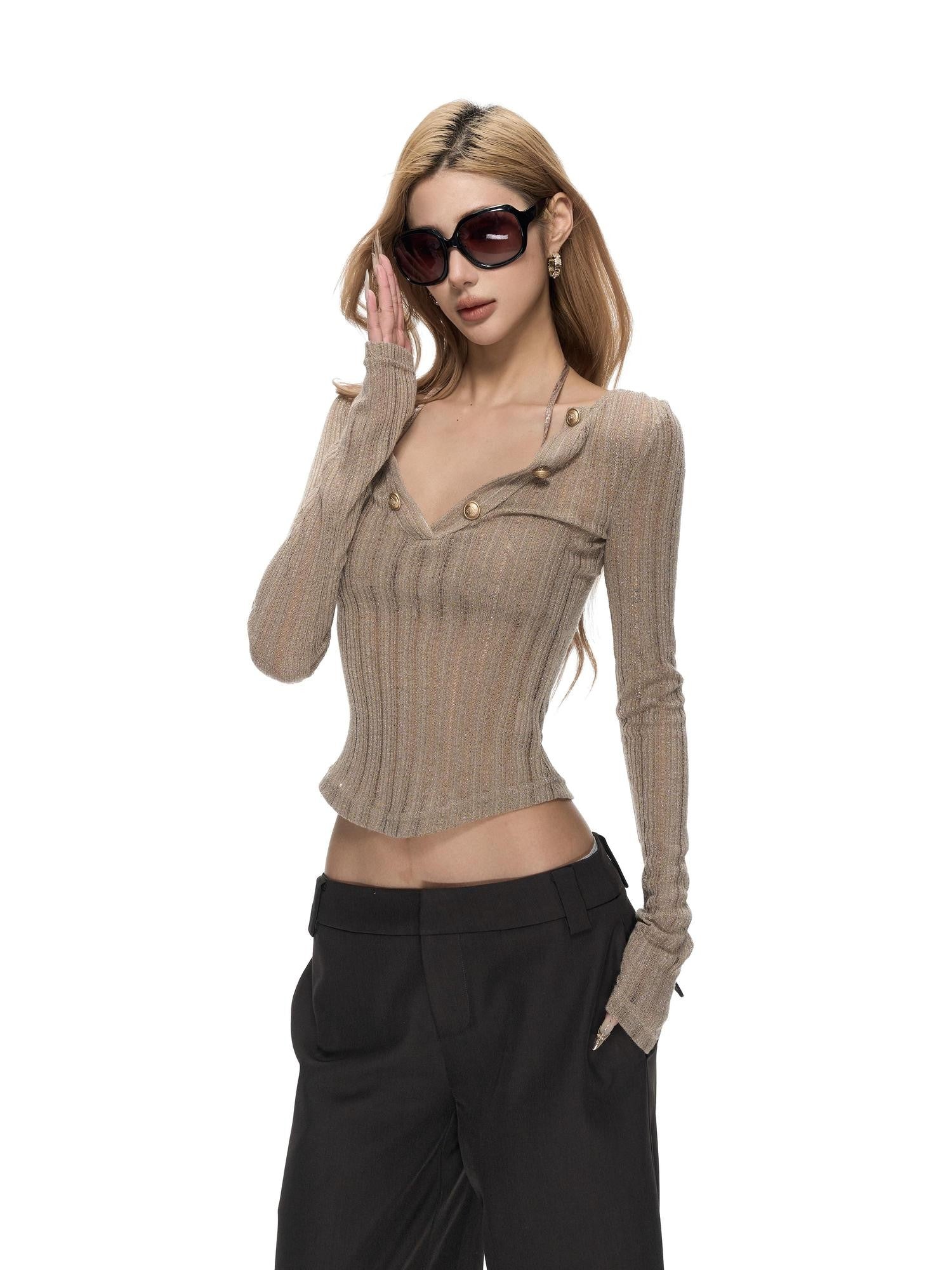 Fanptntox Khaki Lurex Ribbed Cutout V-neck Metal Button Women's Knit Sweaters