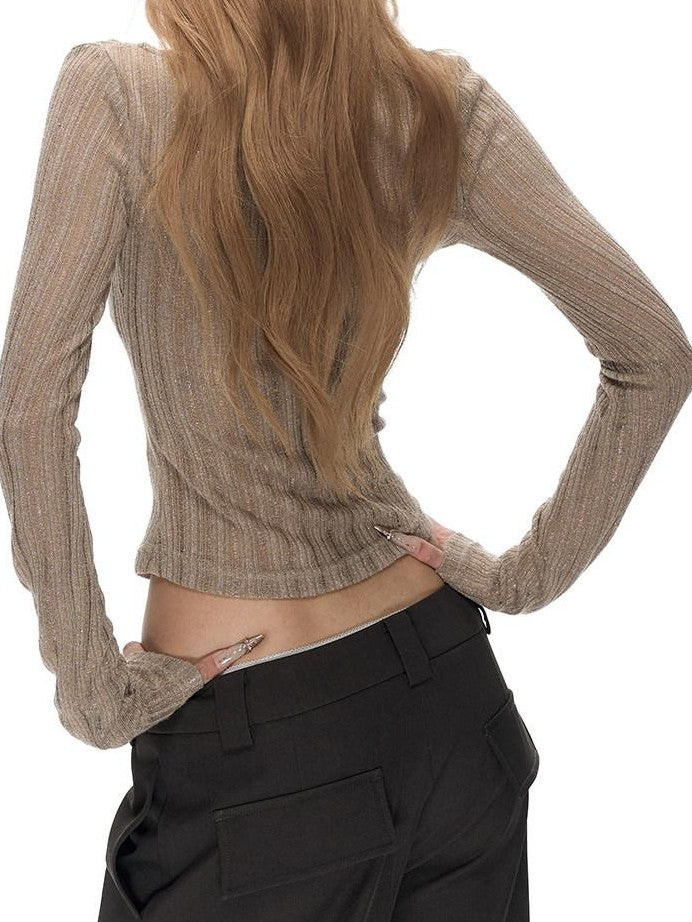 Fanptntox Khaki Lurex Ribbed Cutout V-neck Metal Button Women's Knit Sweaters