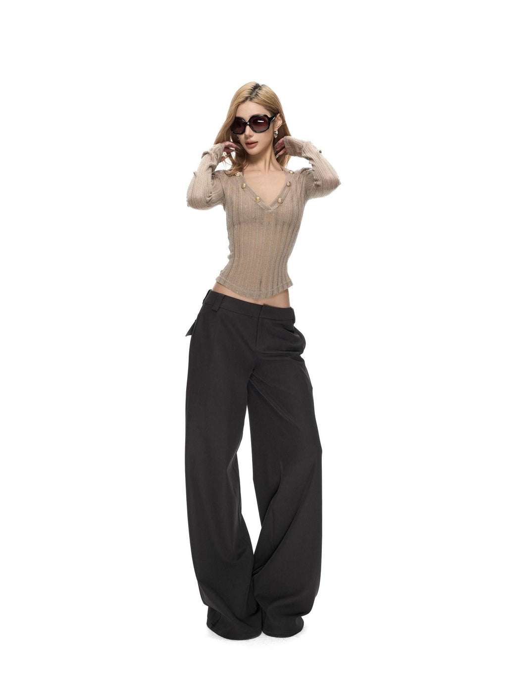 Fanptntox Khaki Lurex Ribbed Cutout V-neck Metal Button Women's Knit Sweaters