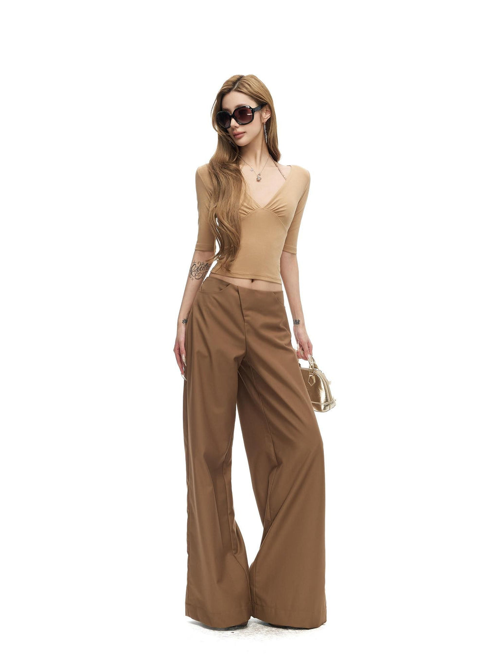 Fanptntox Khaki Ruched V-neck Cropped Waist Women's Cotton Spandex Slim T-shirts