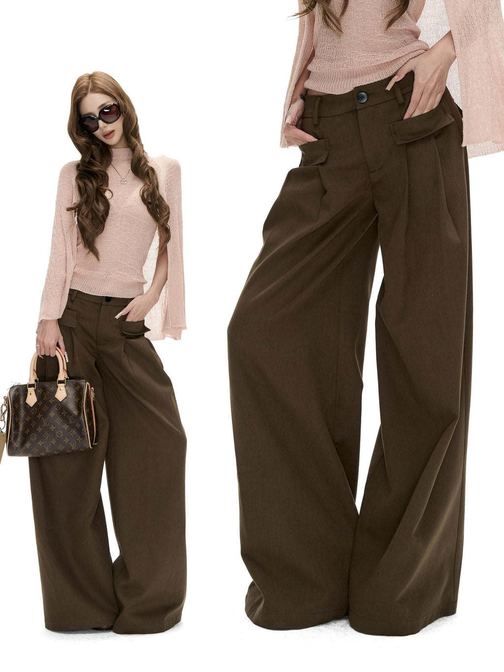 Fanptntox Khaki Twill Low Waist Loose Women's Tencel Cotton Wide-leg Pants