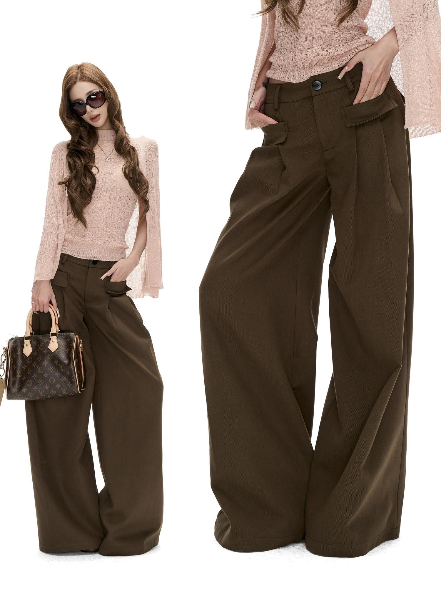 Fanptntox Khaki Twill Low Waist Loose Women's Tencel Cotton Wide-leg Pants