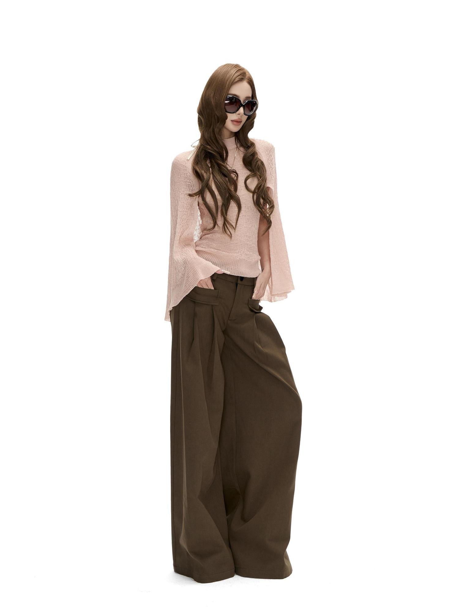 Fanptntox Khaki Twill Low Waist Loose Women's Tencel Cotton Wide-leg Pants