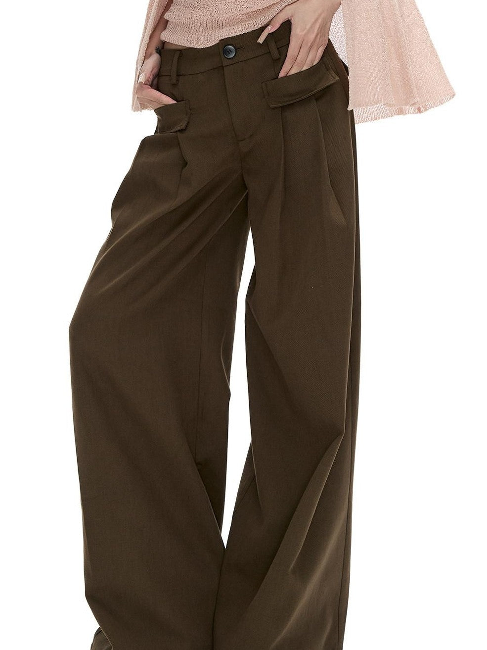 Fanptntox Khaki Twill Low Waist Loose Women's Tencel Cotton Wide-leg Pants