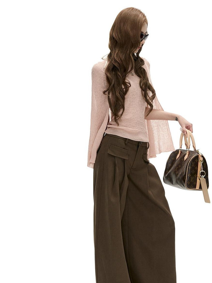 Fanptntox Khaki Twill Low Waist Loose Women's Tencel Cotton Wide-leg Pants