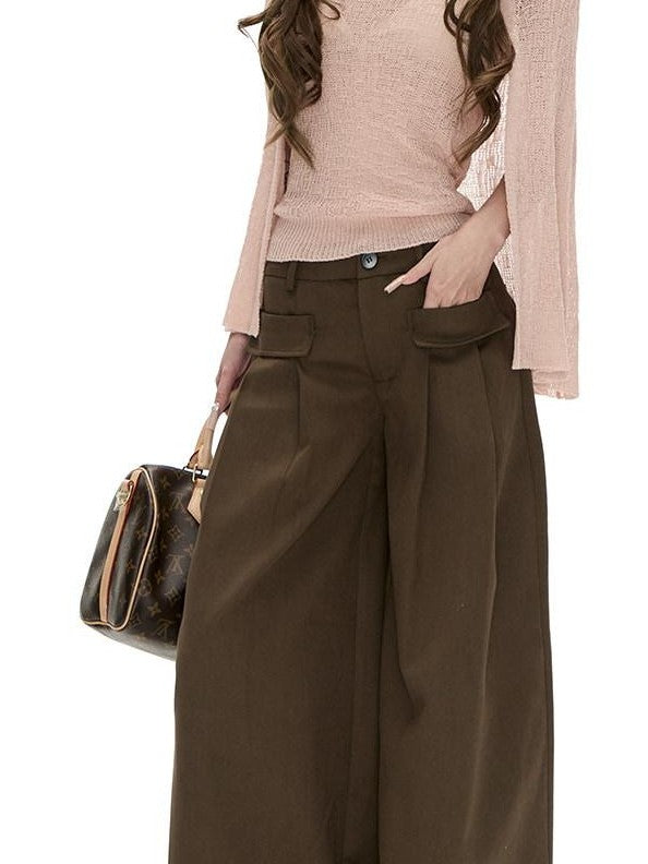 Fanptntox Khaki Twill Low Waist Loose Women's Tencel Cotton Wide-leg Pants