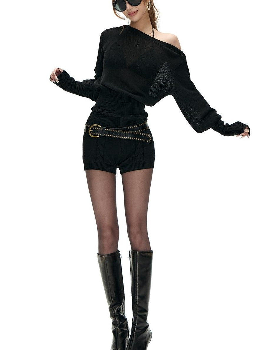 Fanptntox Knit Slim Fit Waist Cinched Long Sleeve Women's Casual Top & Shorts Sets