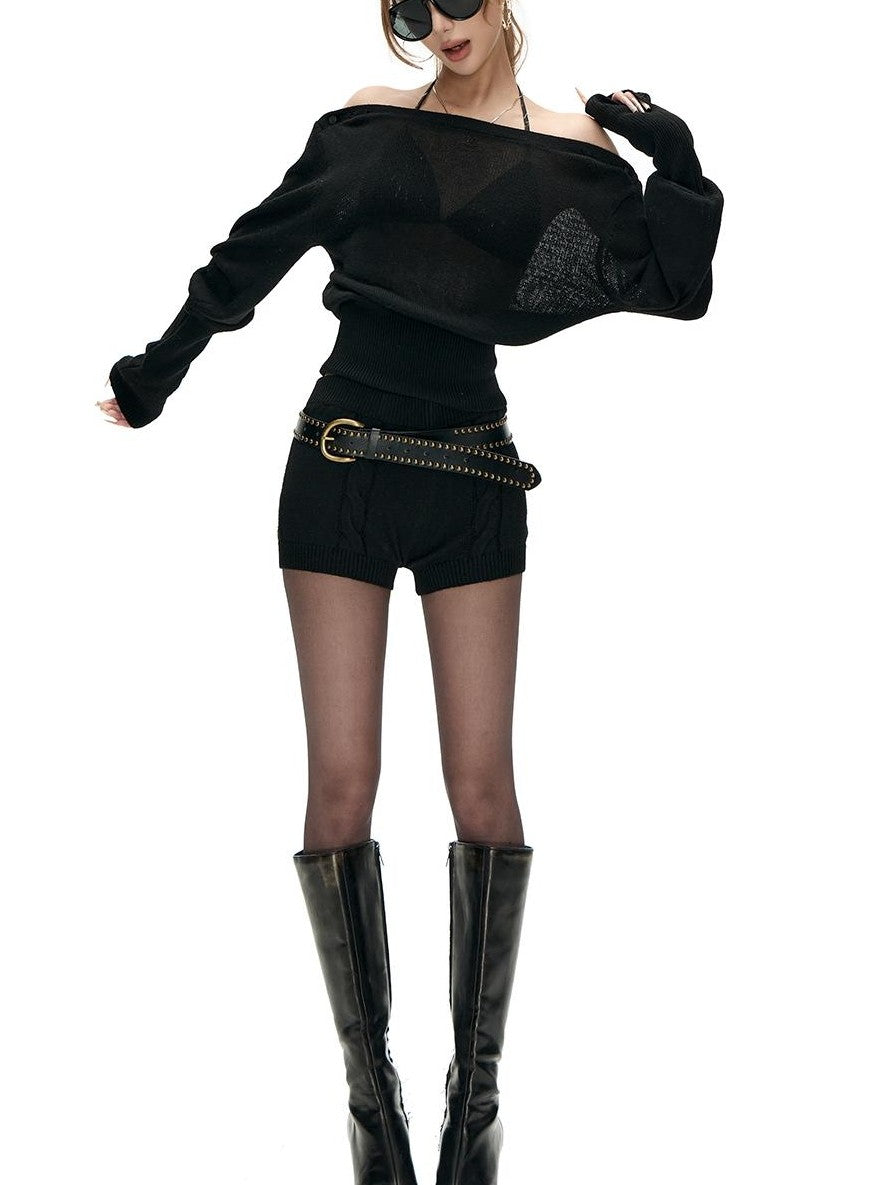 Fanptntox Knit Slim Fit Waist Cinched Long Sleeve Women's Casual Top & Shorts Sets