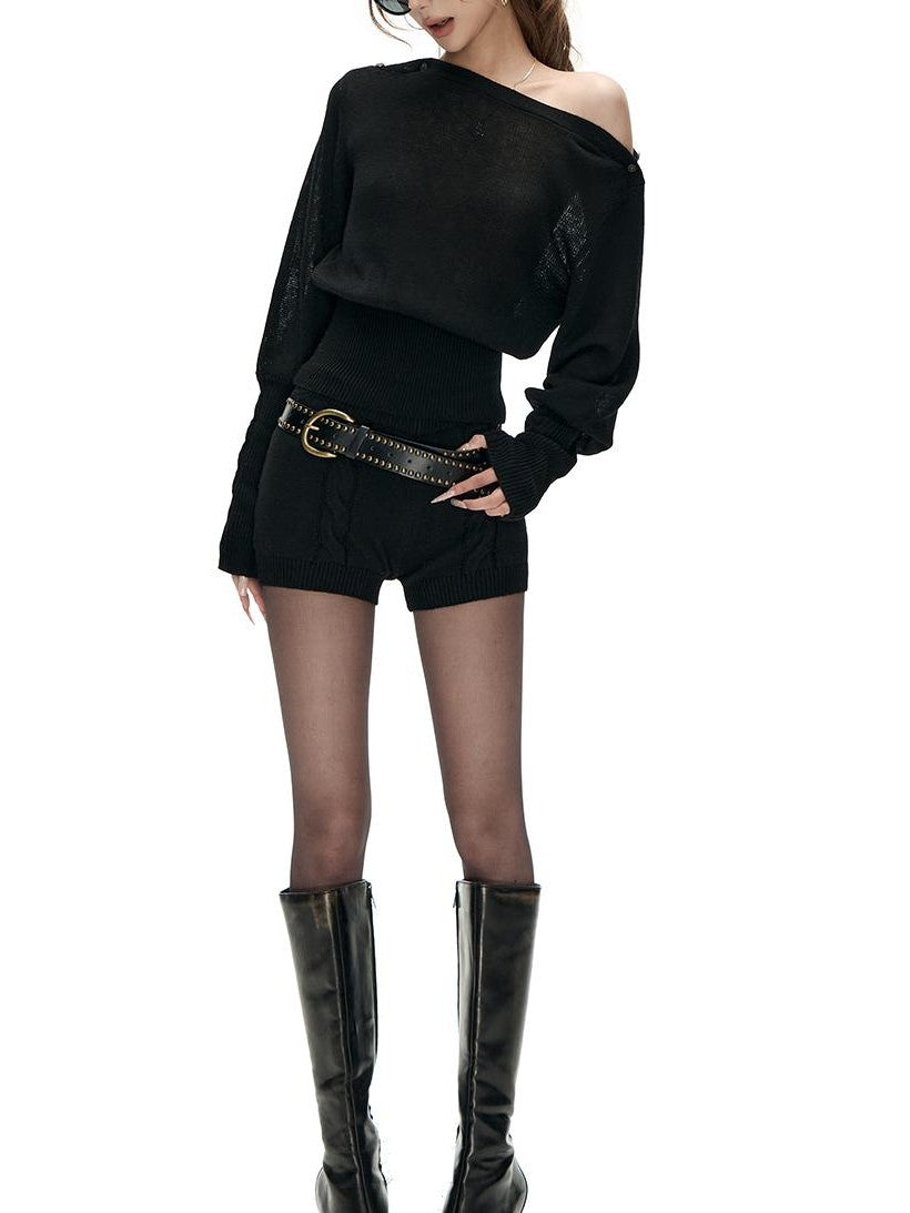 Fanptntox Knit Slim Fit Waist Cinched Long Sleeve Women's Casual Top & Shorts Sets