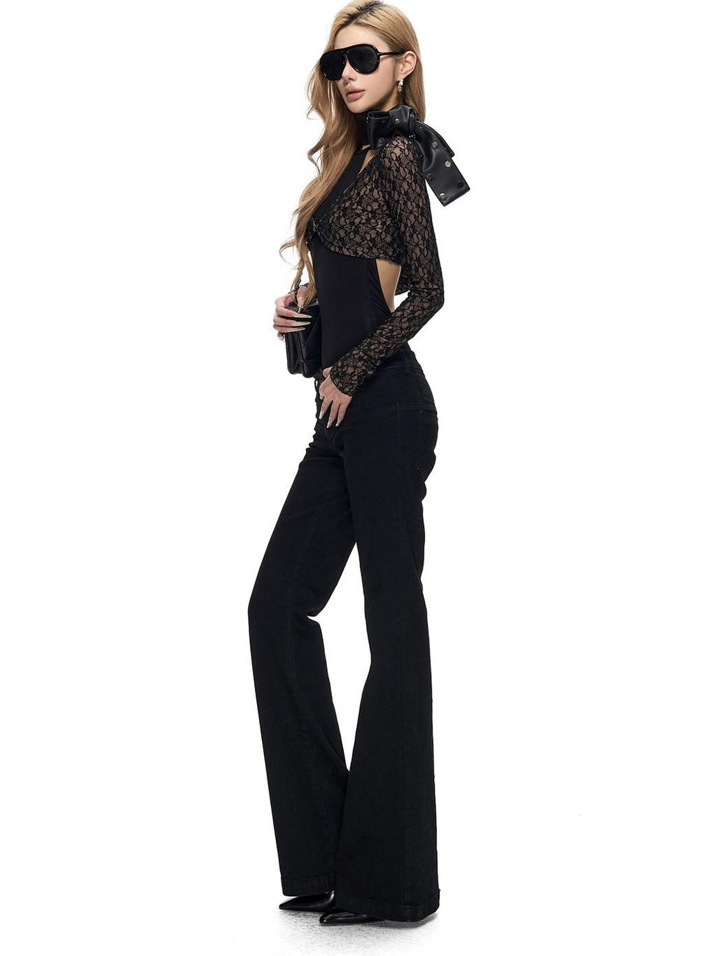 Fanptntox Lace Cutout Layered V-neck Short Slim Women's Polyamide Knit Boleros & Shrugs