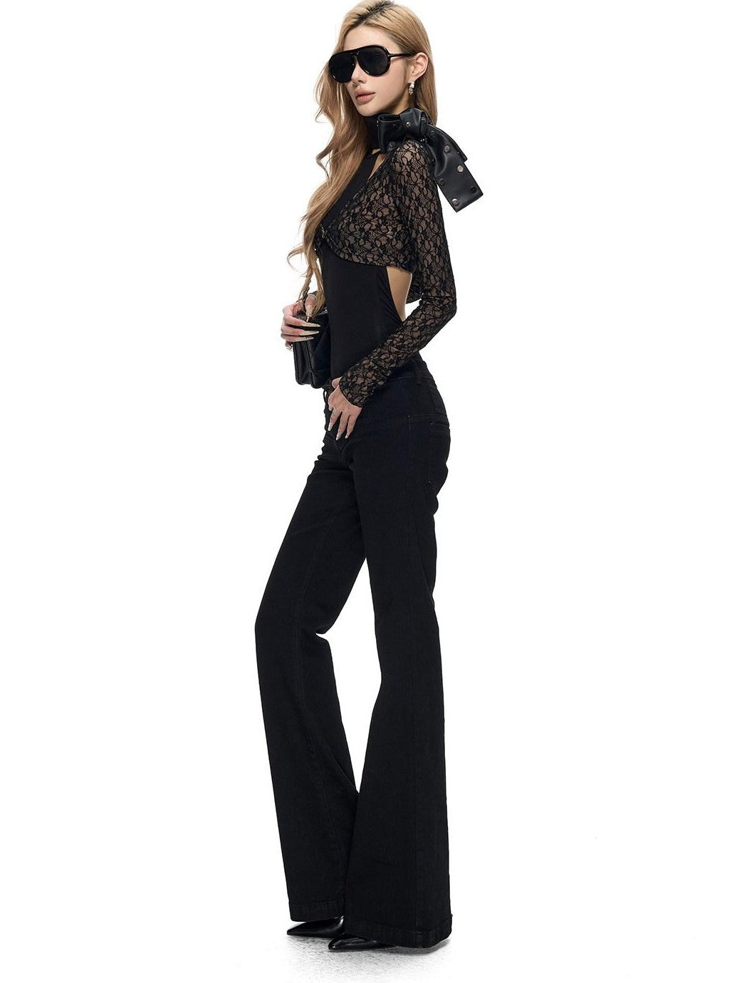 Fanptntox Lace Cutout Layered V-neck Short Slim Women's Polyamide Knit Boleros & Shrugs