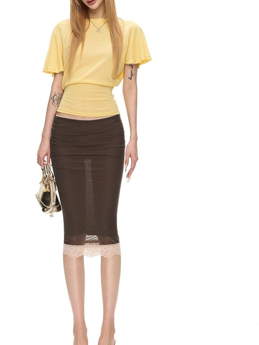 Fanptntox Lace Mesh Spliced Low Waist Slim Women's Nylon Stretch Bodycon Skirts