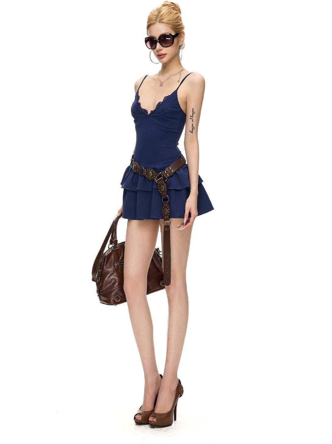 Fanptntox Lace Splice V-neck Ruffle Hem Cinched Waist Women's Cotton Slip Mini Dresses