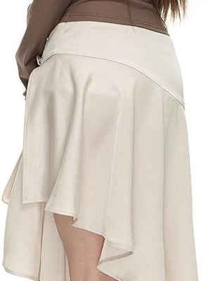 Fanptntox Lace Spliced High Slit Asymmetric Hem Loose Fit Women's Cotton Midi Skirts