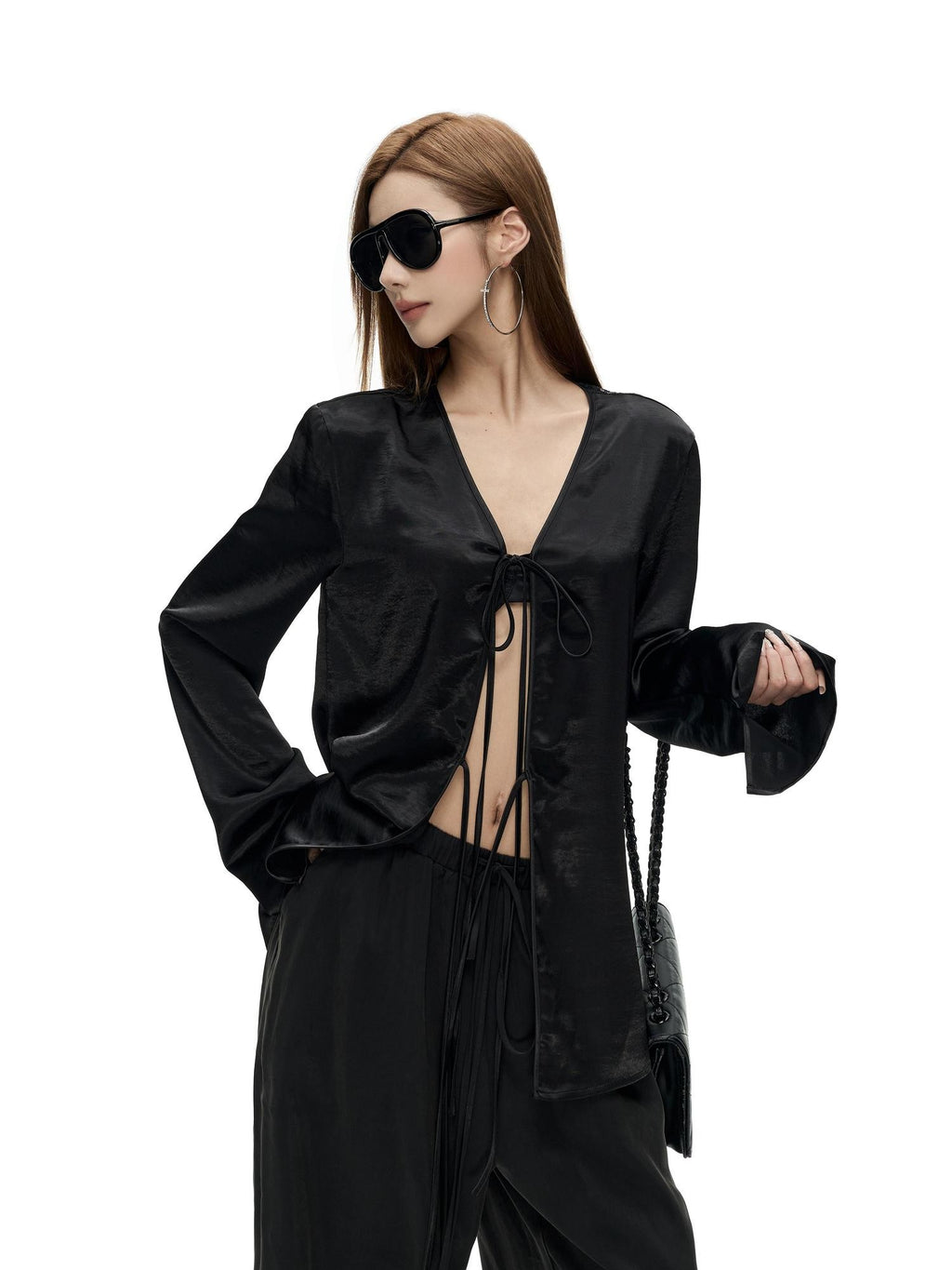 Fanptntox Lace Spliced Satin Tie Front Deep V-neck Loose Women's Polyester Blouses