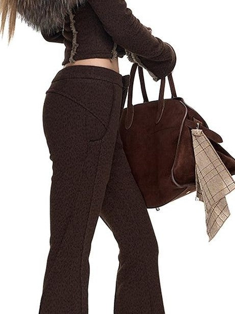 Fanptntox Leopard Hooded Slim Low Waist Flare Women's Fleece Knit Casual Top & Pants Sets
