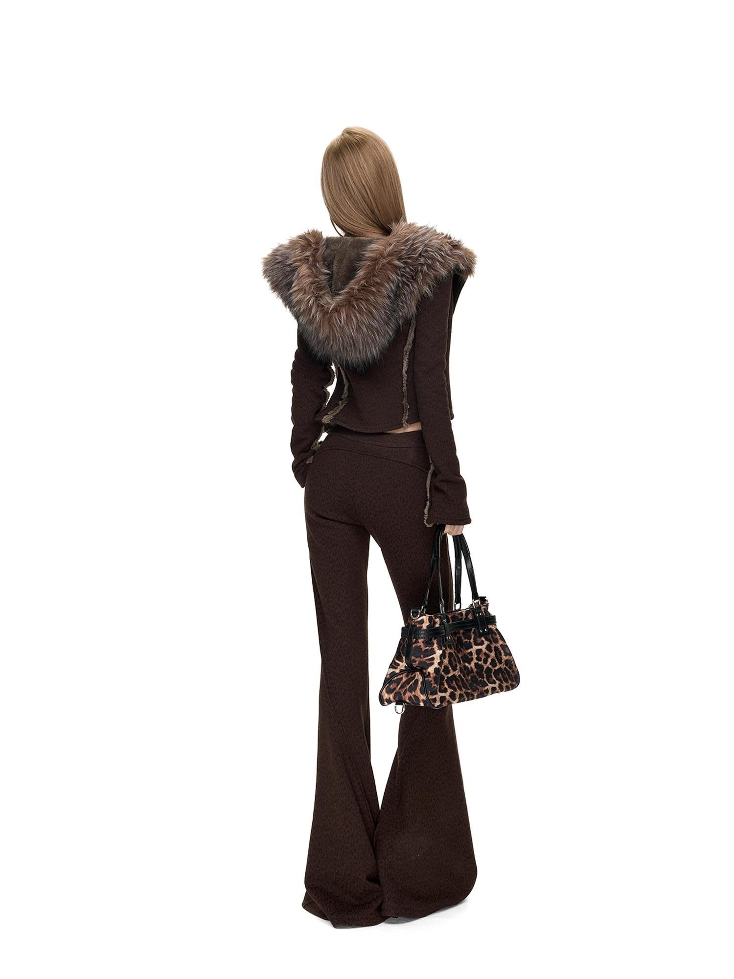 Fanptntox Leopard Hooded Slim Low Waist Flare Women's Fleece Knit Casual Top & Pants Sets