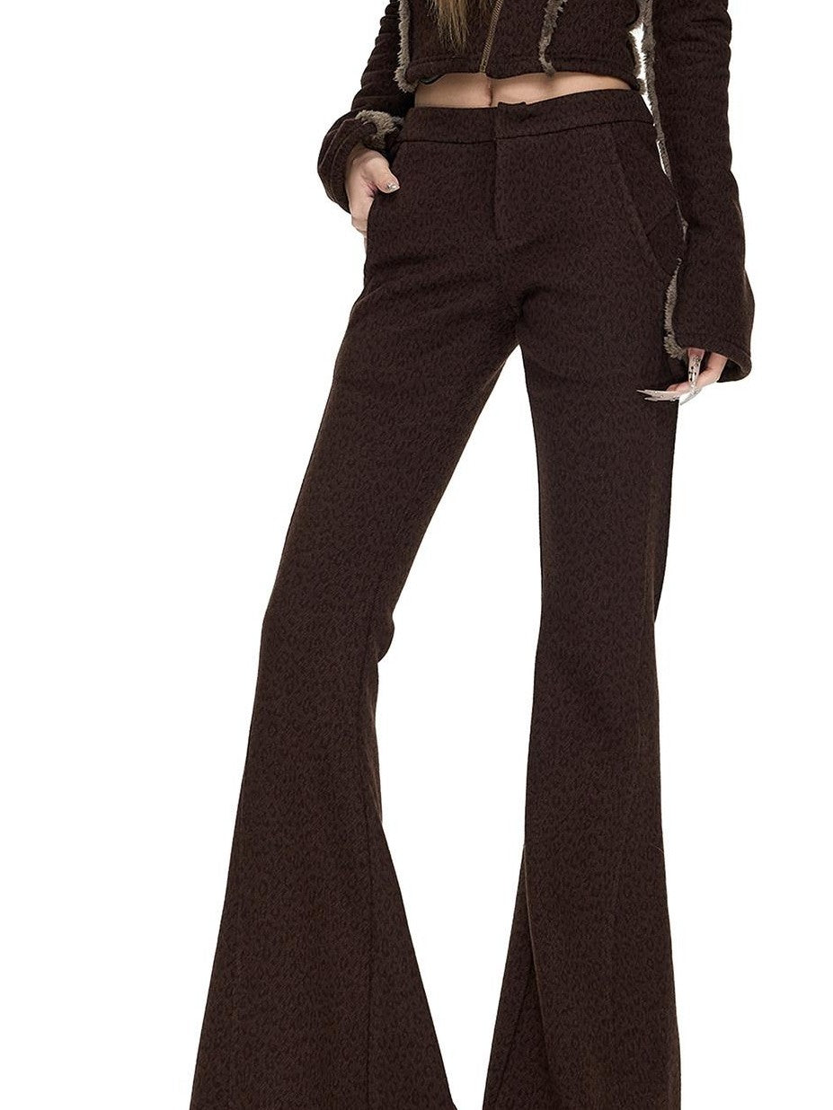 Fanptntox Leopard Hooded Slim Low Waist Flare Women's Fleece Knit Casual Top & Pants Sets