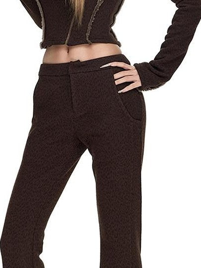 Fanptntox Leopard Hooded Slim Low Waist Flare Women's Fleece Knit Casual Top & Pants Sets