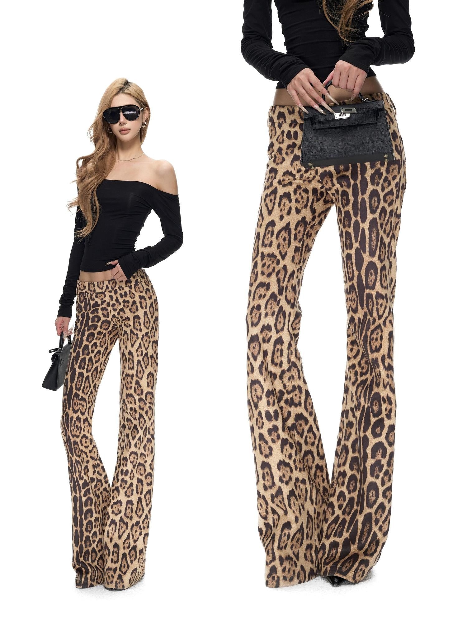 Fanptntox Leopard Placement Print Slim Fit Women's Polyester Stretch Bootcut Pants