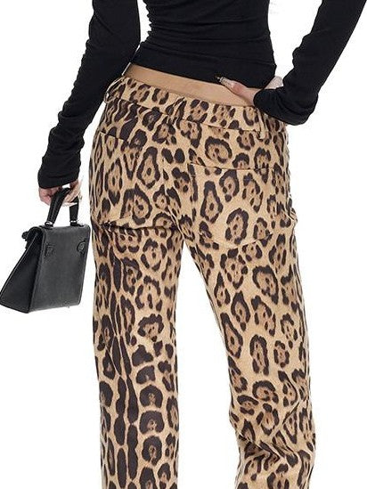 Fanptntox Leopard Placement Print Slim Fit Women's Polyester Stretch Bootcut Pants