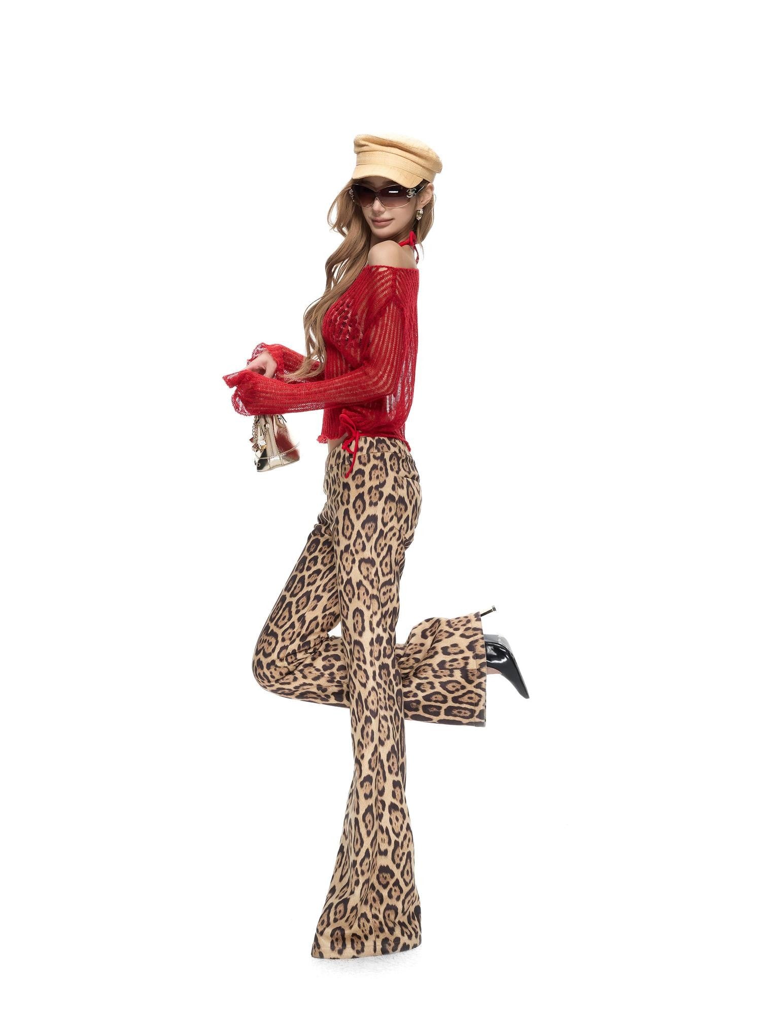 Fanptntox Leopard Placement Print Slim Fit Women's Polyester Stretch Bootcut Pants
