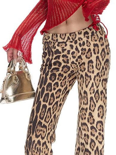 Fanptntox Leopard Placement Print Slim Fit Women's Polyester Stretch Bootcut Pants