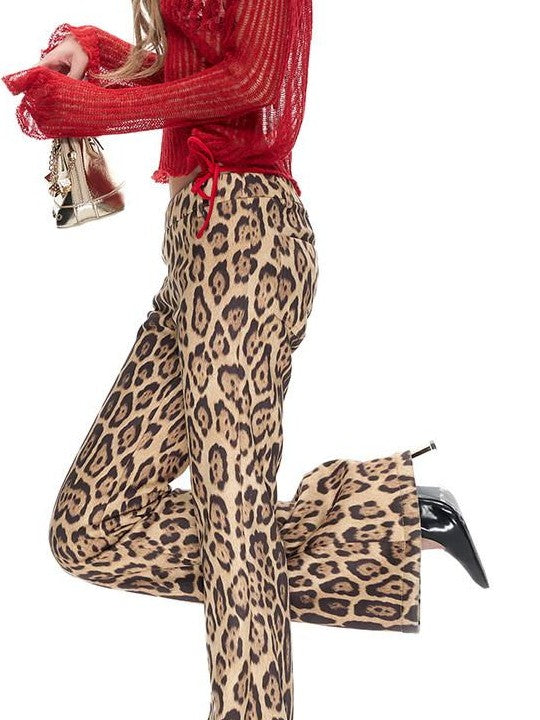 Fanptntox Leopard Placement Print Slim Fit Women's Polyester Stretch Bootcut Pants