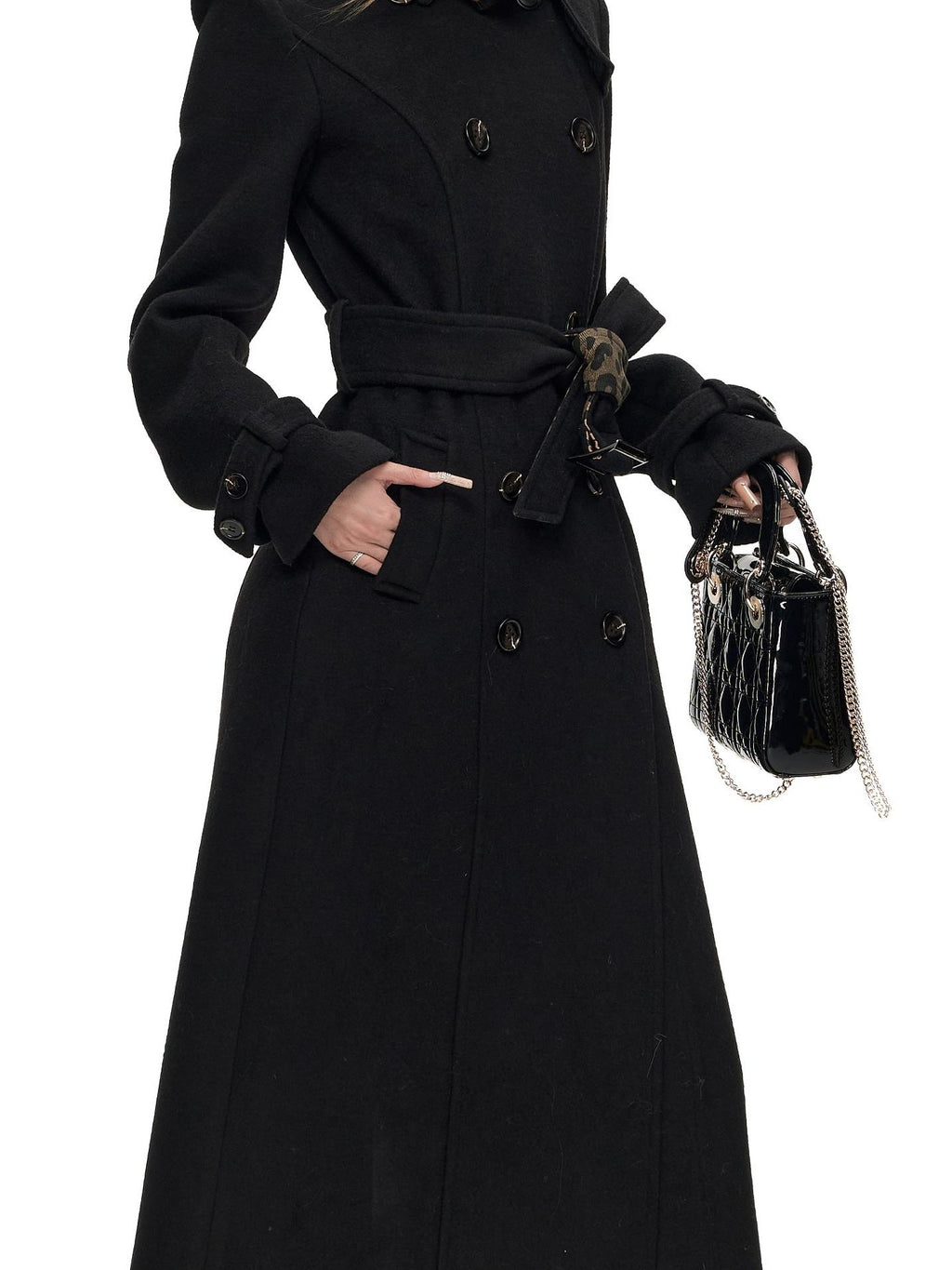 Fanptntox Leopard Print Belted Longline Women's Wool Blend Wool Coats