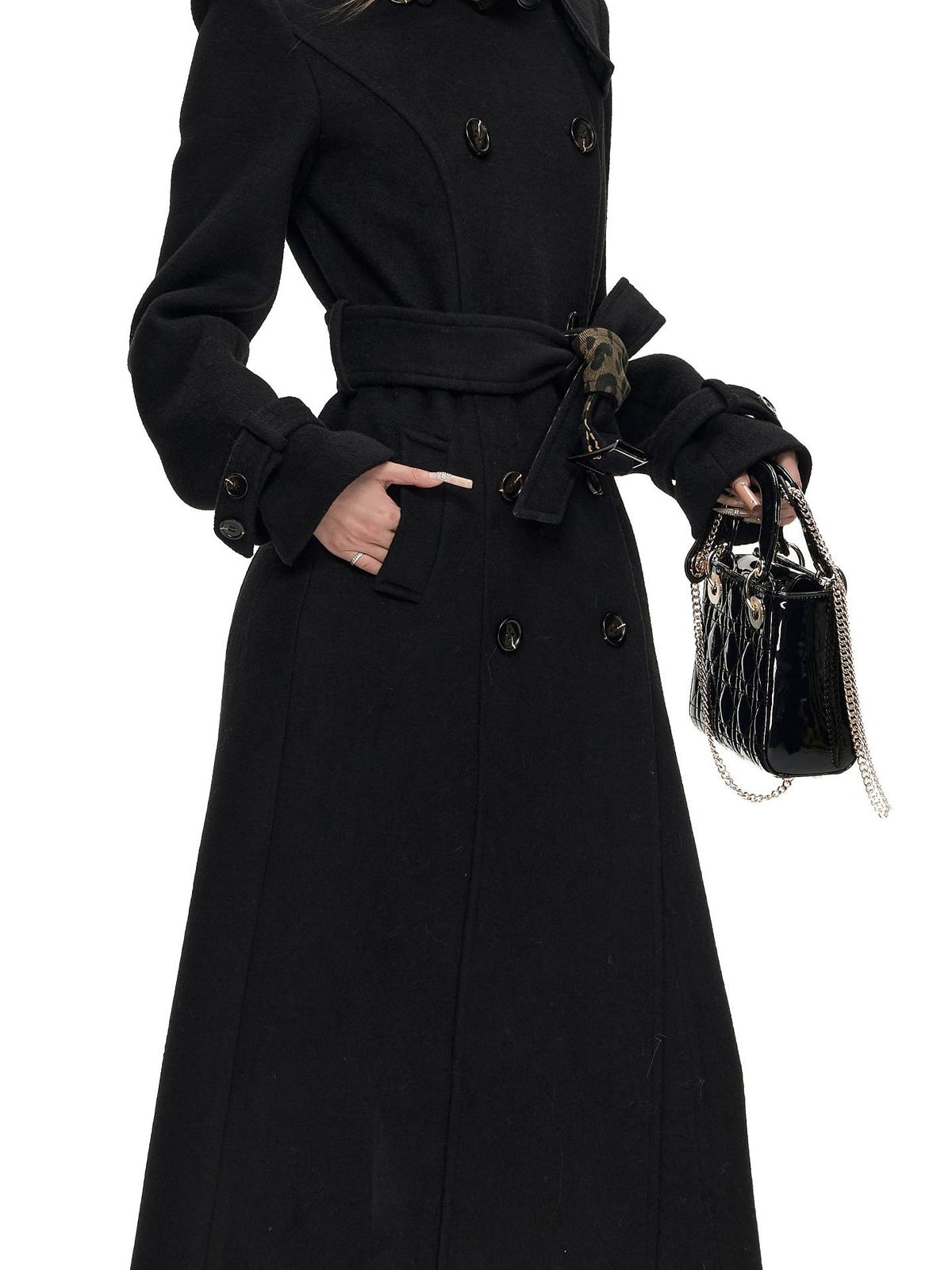 Fanptntox Leopard Print Belted Longline Women's Wool Blend Wool Coats