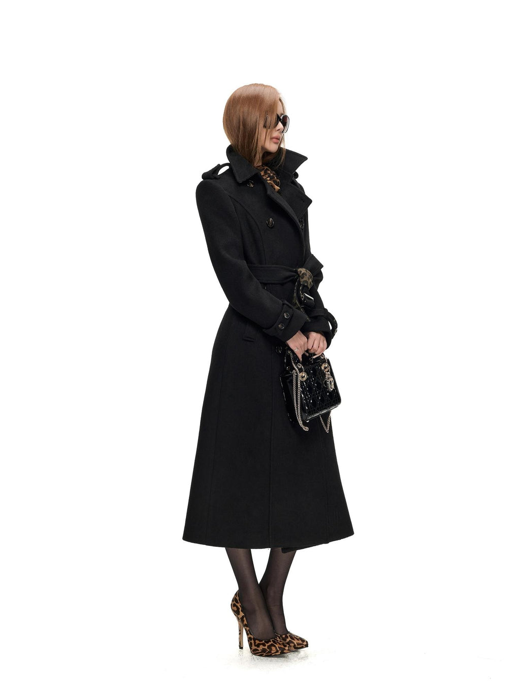 Fanptntox Leopard Print Belted Longline Women's Wool Blend Wool Coats