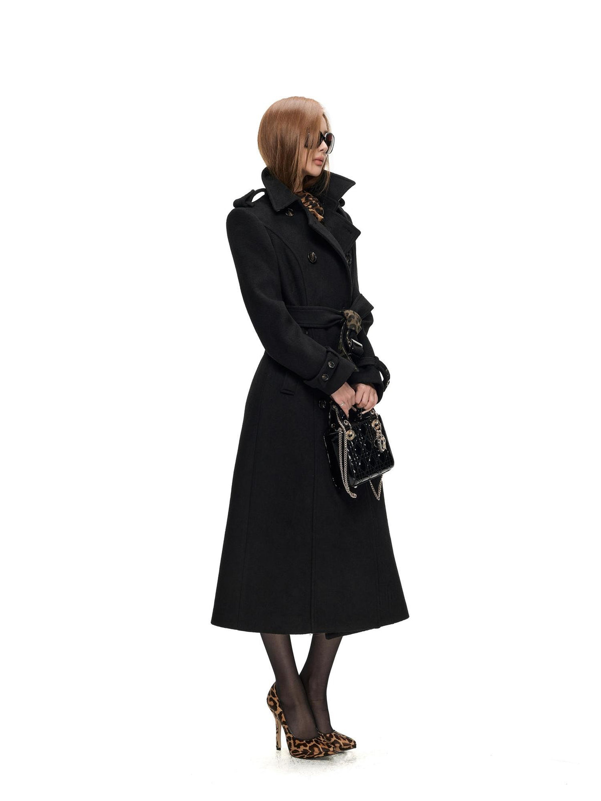 Fanptntox Leopard Print Belted Longline Women's Wool Blend Wool Coats