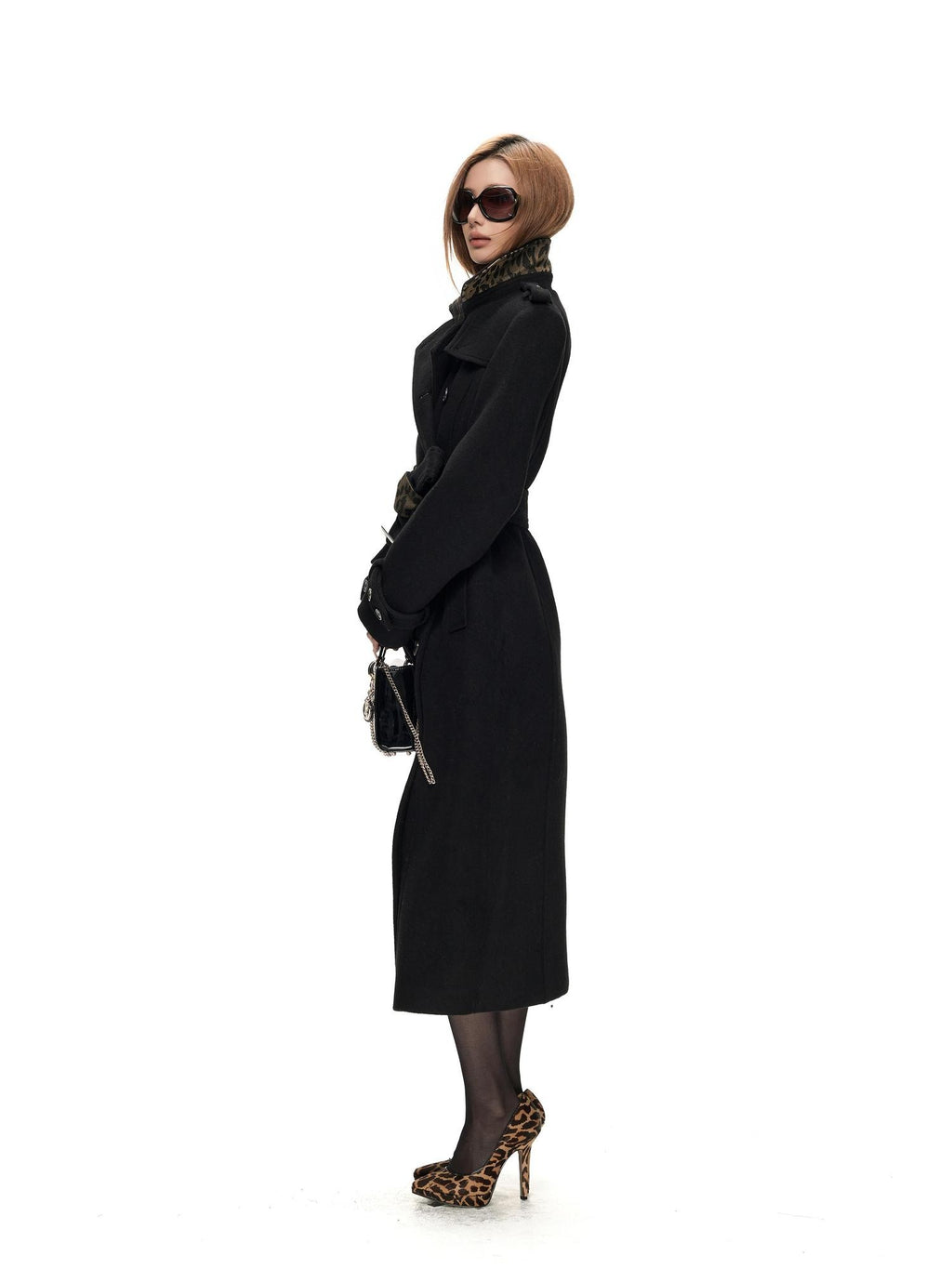Fanptntox Leopard Print Belted Longline Women's Wool Blend Wool Coats