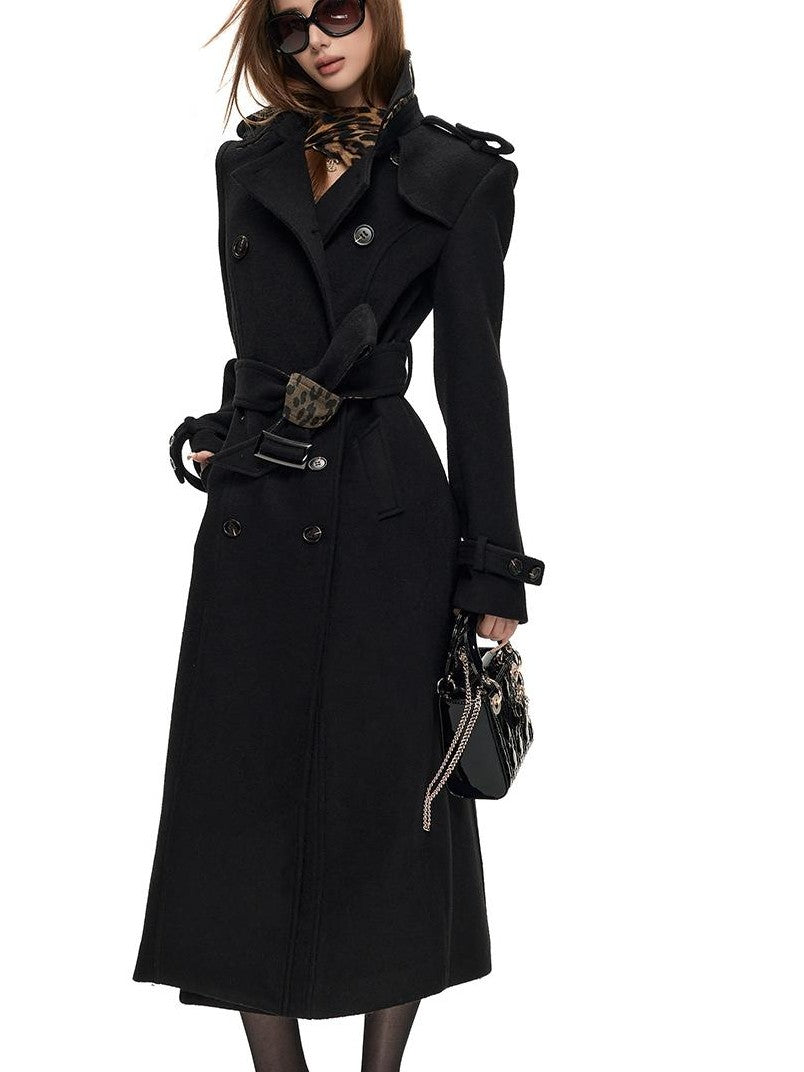 Fanptntox Leopard Print Belted Longline Women's Wool Blend Wool Coats