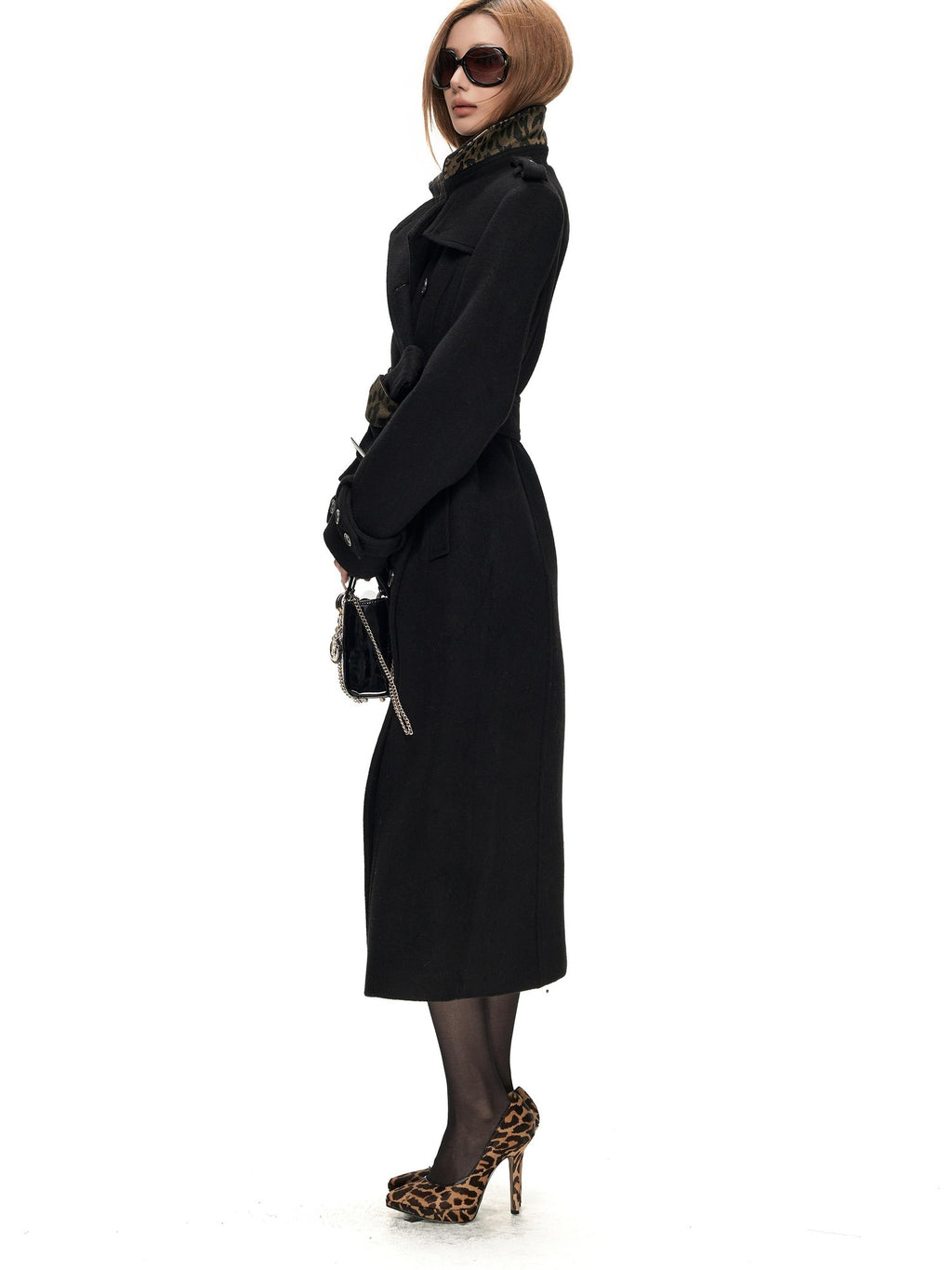 Fanptntox Leopard Print Belted Longline Women's Wool Blend Wool Coats