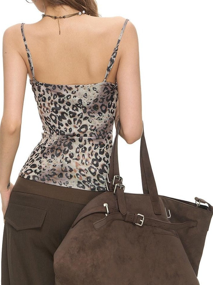 Fanptntox Leopard Print Knit Mesh Splice Round Neck Women's Polyester Lace Camisoles